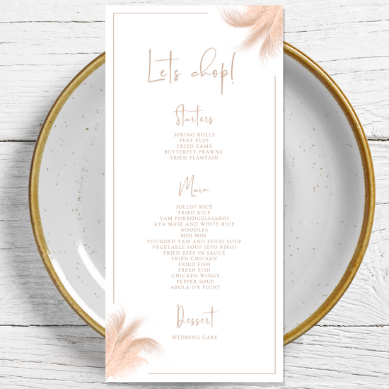 Pink Feathers | Personalised Individual Menu